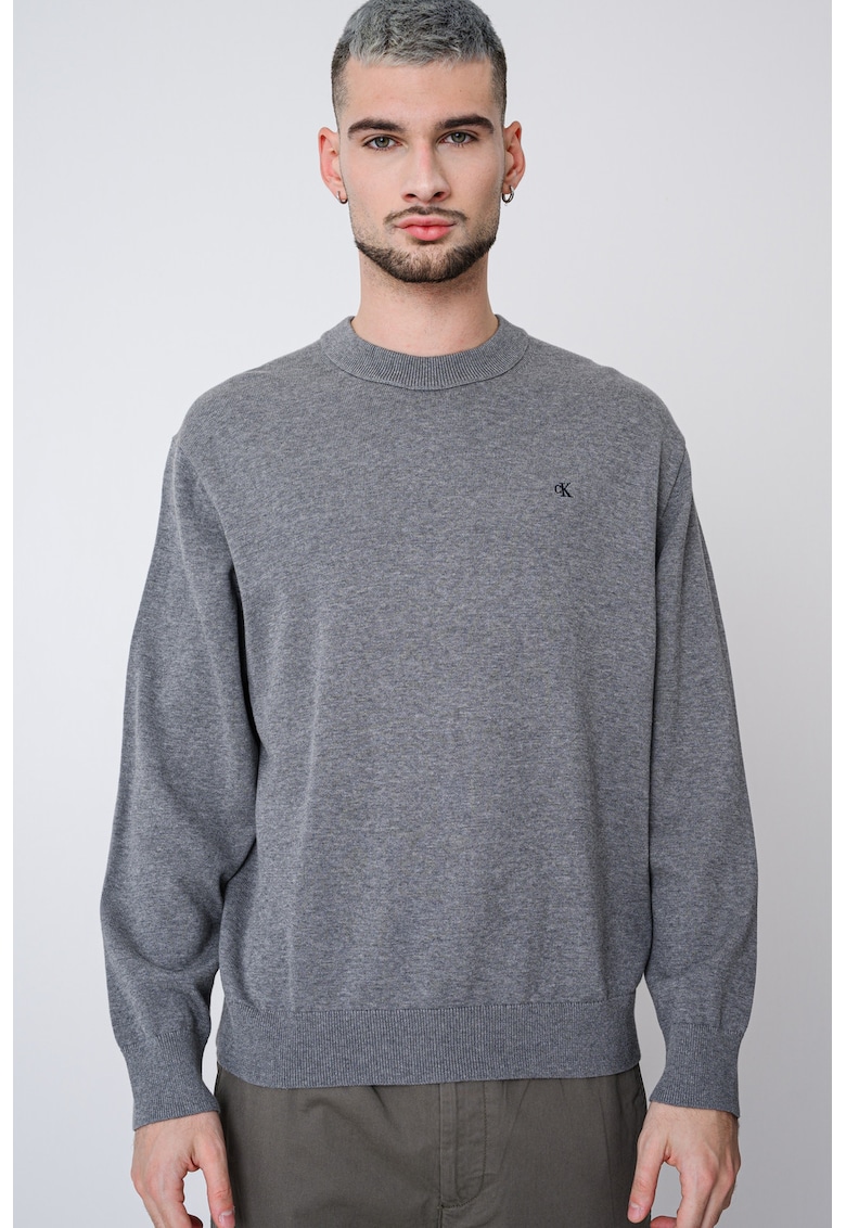 Памучен суитчърт с овално деколте - Сив меланж CALVIN KLEIN JEANS