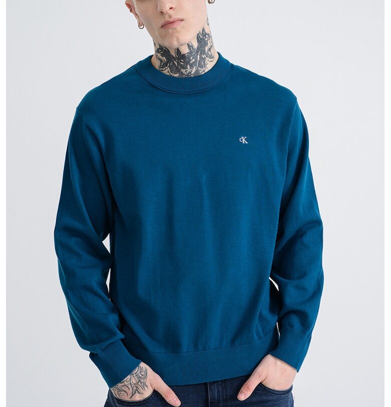 Памучен суитчърт с овално деколте - Син CALVIN KLEIN JEANS