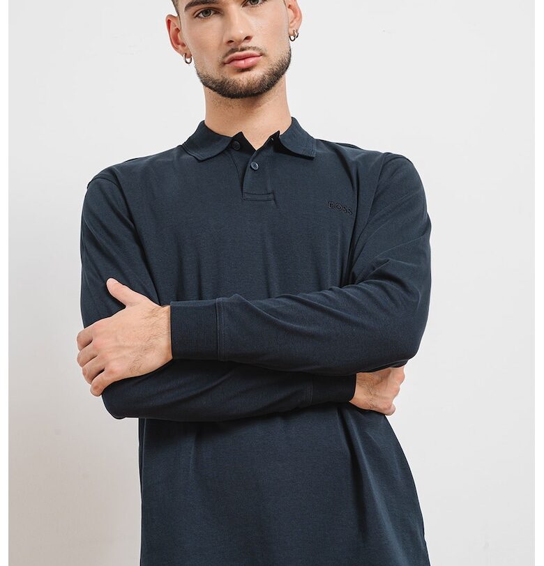 Памучна блуза Pe_Interlock с яка - Тъмносин BOSS