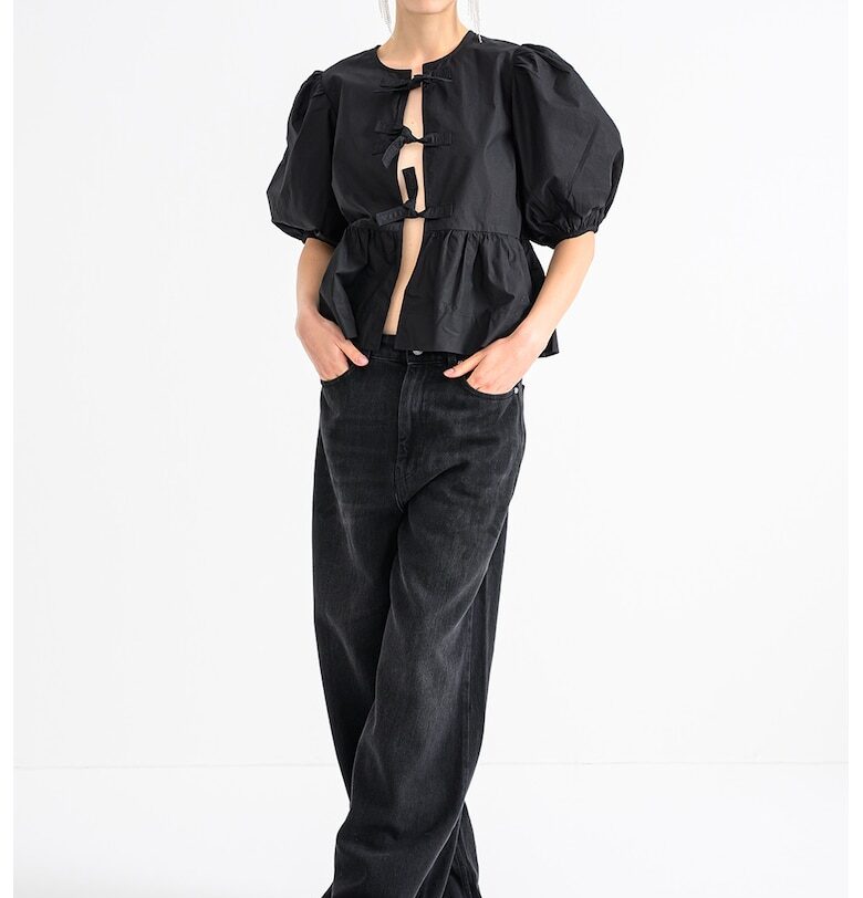 Памучна блуза с бухнали ръкави - Черен GANNI