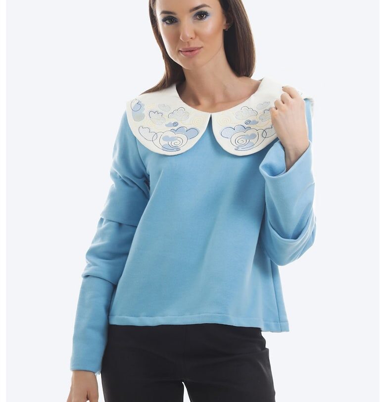 Памучна блуза с яка Baby Doll 1 - Бял/Пастелносин ONIBON FASHION