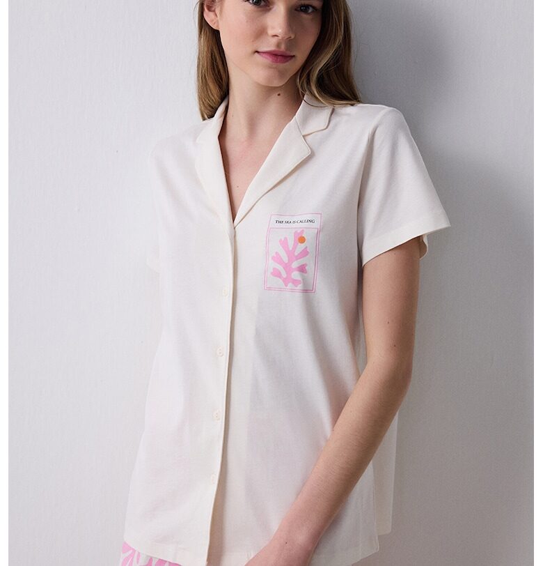 Памучна горна пижама тип риза и къс панталон - Бял/Розово Penti