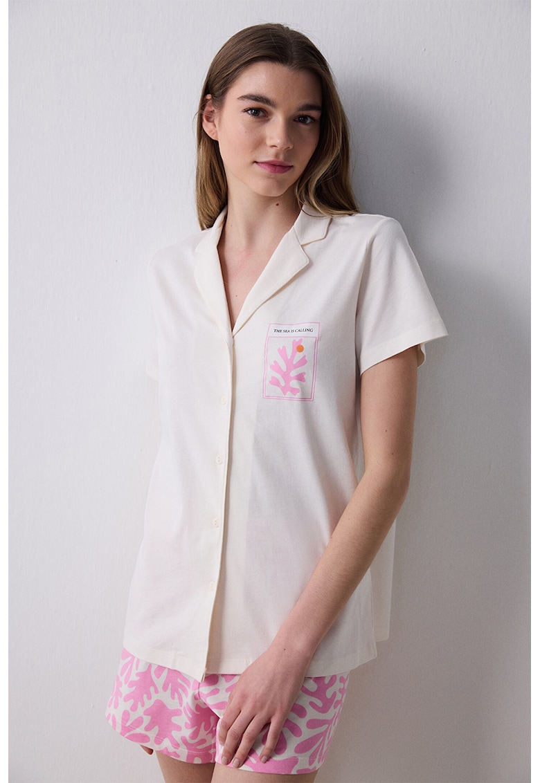 Памучна горна пижама тип риза и къс панталон - Бял/Розово Penti