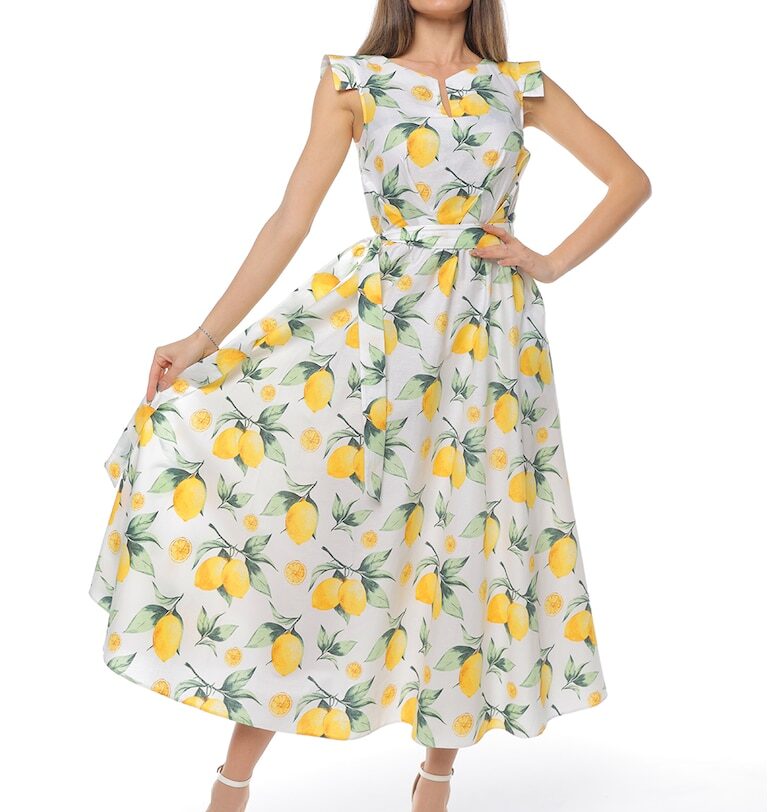 Памучна миди рокля с връзка - Бял/Зелен/Жълт CAMISSI