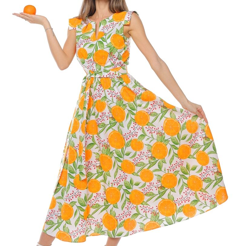 Памучна миди рокля с връзка - Бял/Оранжев CAMISSI