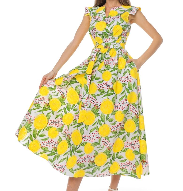 Памучна миди рокля с връзка - Зелен/Бял CAMISSI