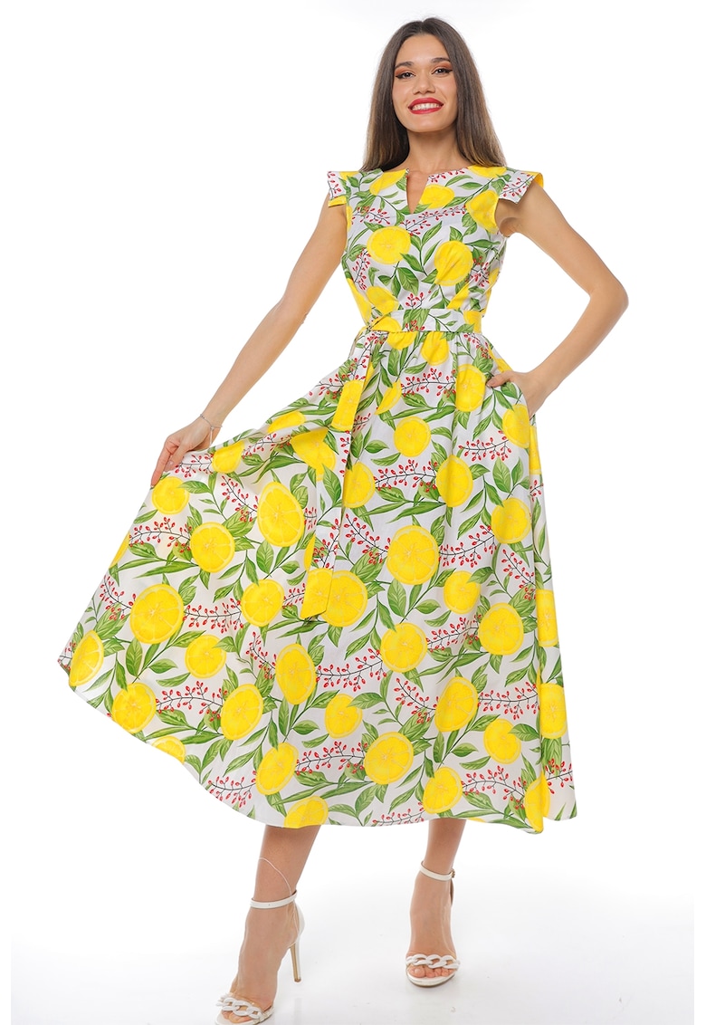 Памучна миди рокля с връзка - Зелен/Бял CAMISSI