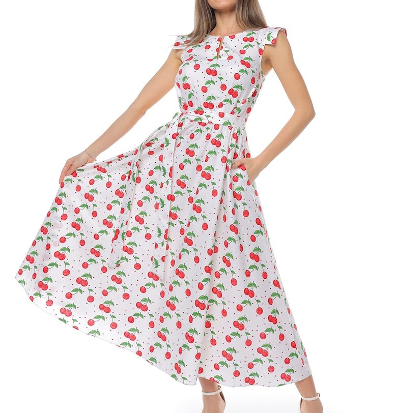 Памучна миди рокля с връзка - Червен/Бял/Зелен CAMISSI