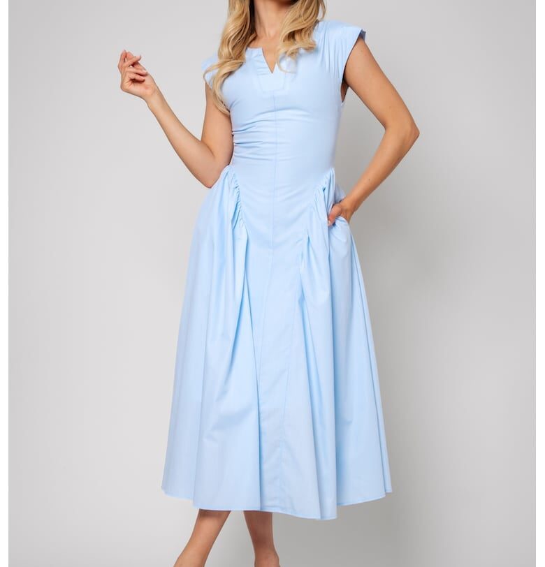 Памучна разкроена миди рокля - Пастелносин uFIT