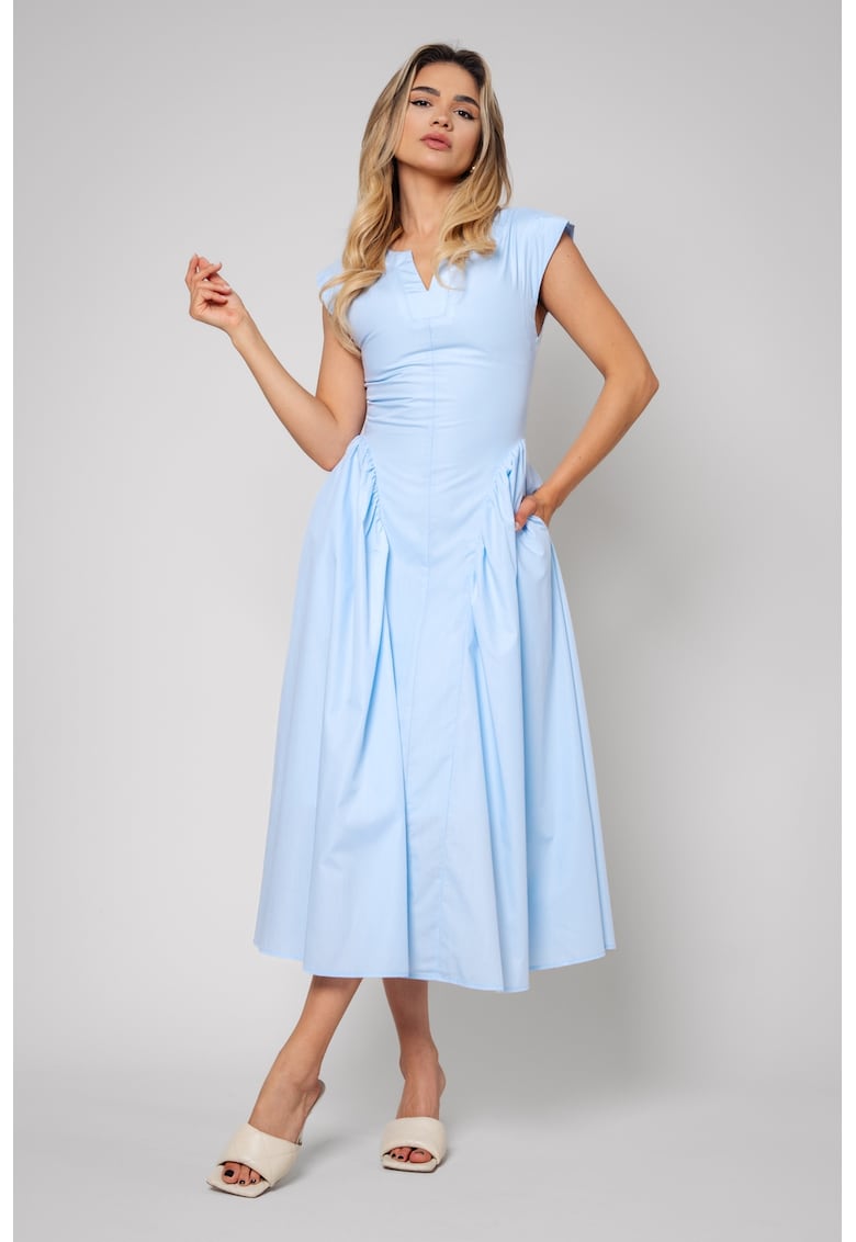 Памучна разкроена миди рокля - Пастелносин uFIT