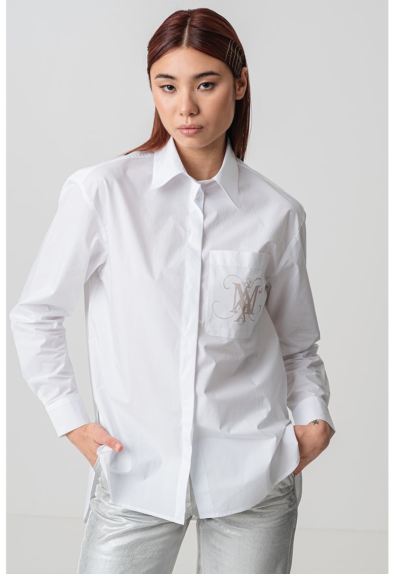 Памучна риза Lambert с десен и асиметричен подгъв - Бял/Бледооранжев MaxCo