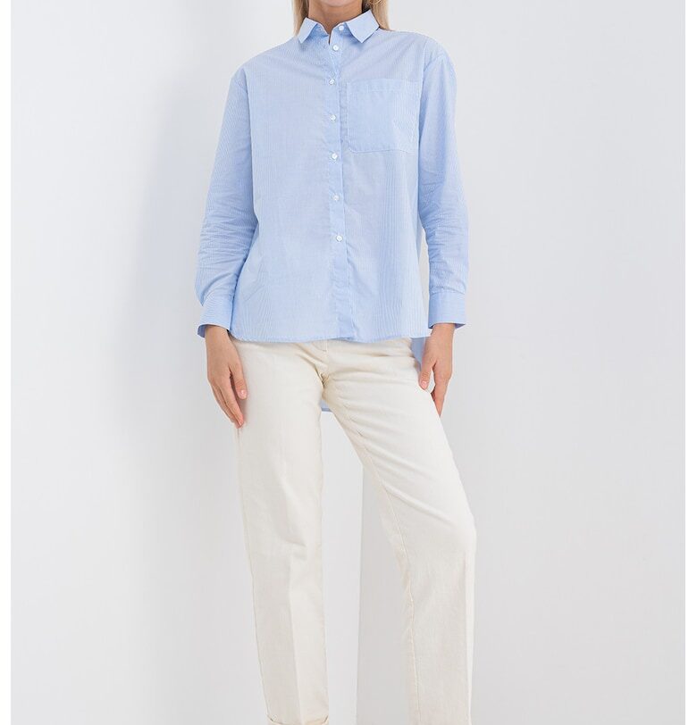 Памучна риза с джоб на гърдите - Бял/Светлосин MaxCo