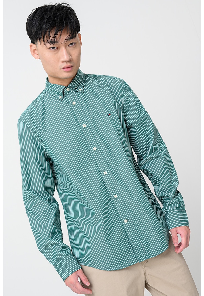 Памучна риза с дълги ръкави и лого - Бял/Папратово зелено Tommy Hilfiger