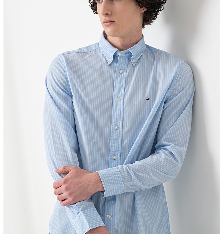 Памучна риза с дълги ръкави и лого - Светлосин Tommy Hilfiger