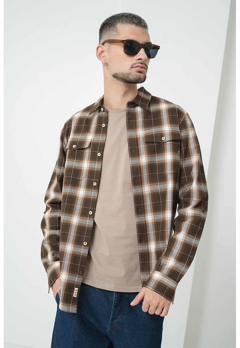 Памучна риза с каре и джобове - Кафяв/Бежов/Мръснобял Scotch Soda