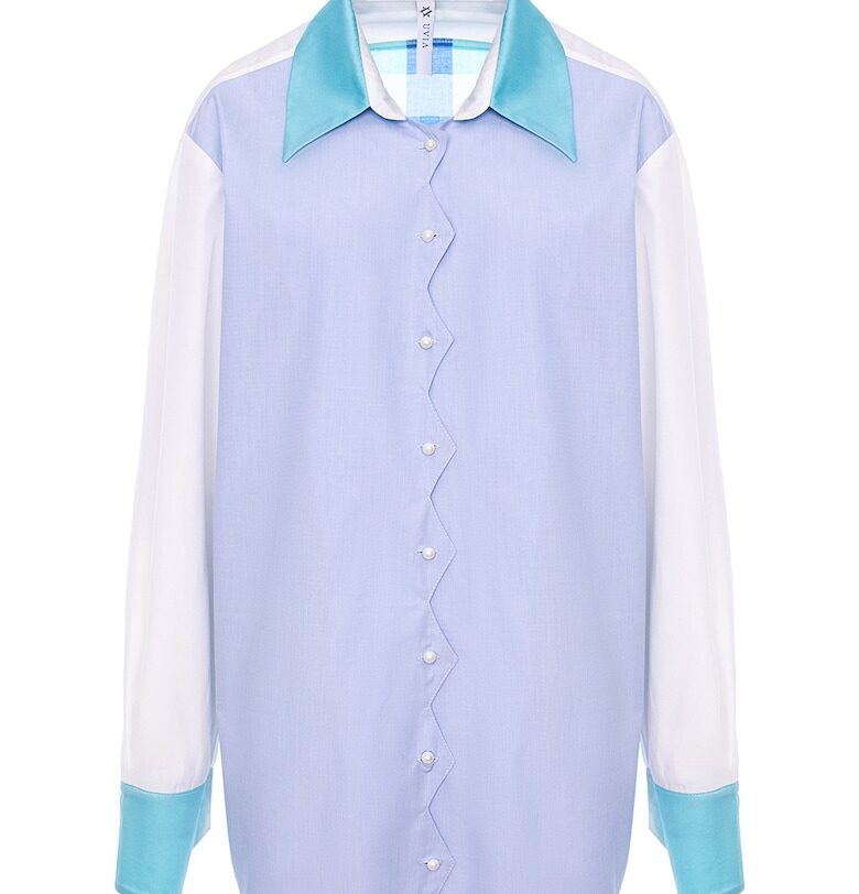 Памучна риза с кариран детайл - Бял/Лилав/Син UVIA