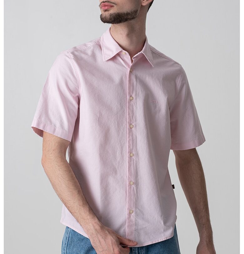 Памучна риза с къси ръкави - Пастелнорозов BOSS