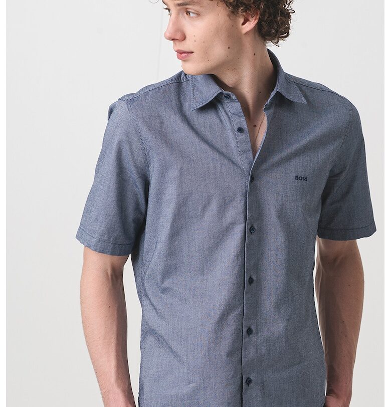 Памучна риза с къси ръкави - Тъмносин BOSS