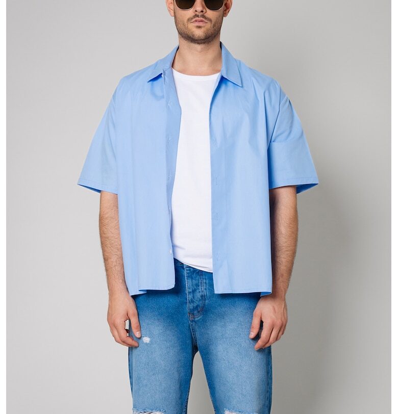 Памучна риза със свободна кройка - Пастелносин uFIT