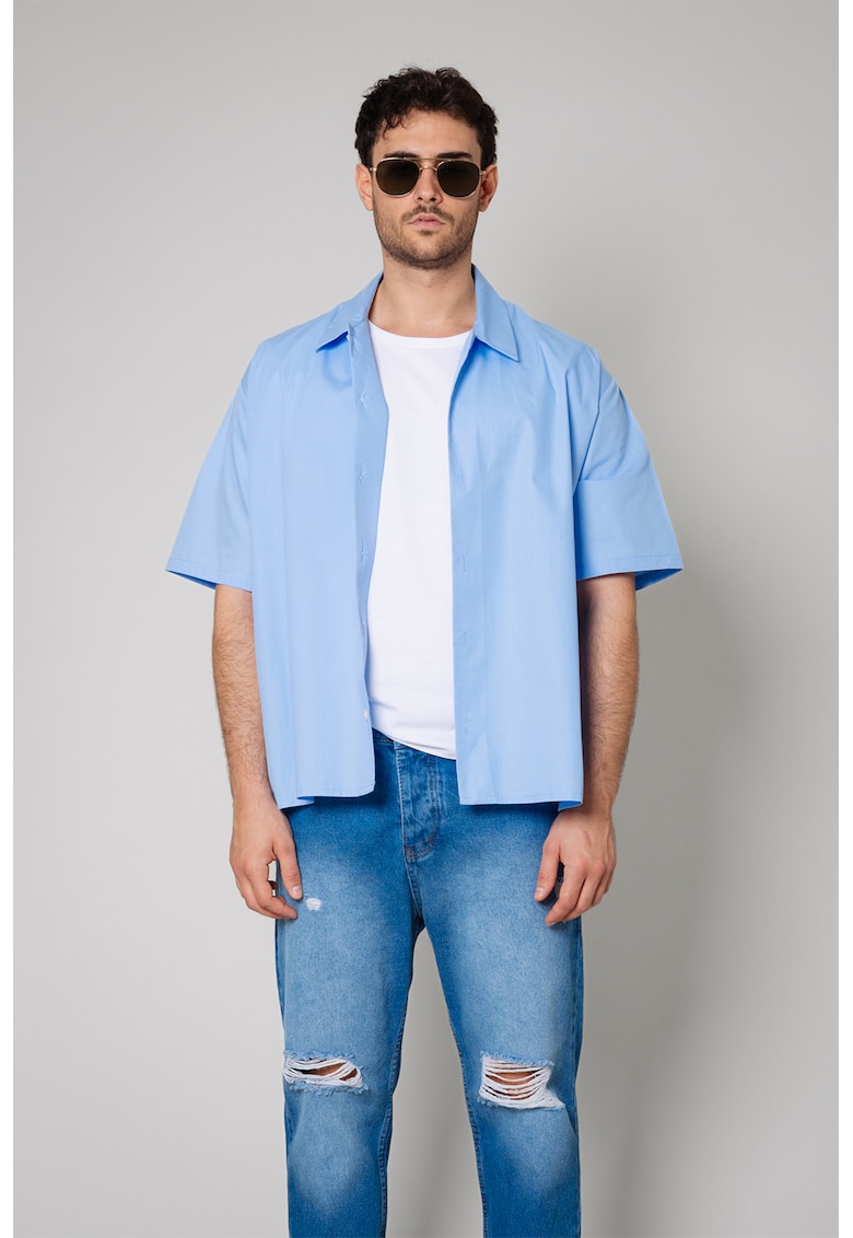 Памучна риза със свободна кройка - Пастелносин uFIT