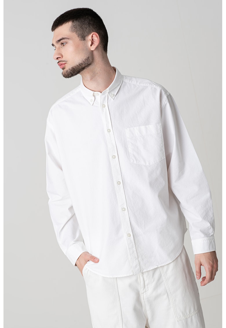 Памучна риза със свободна кройка и копчета на яката - Бял HUGO
