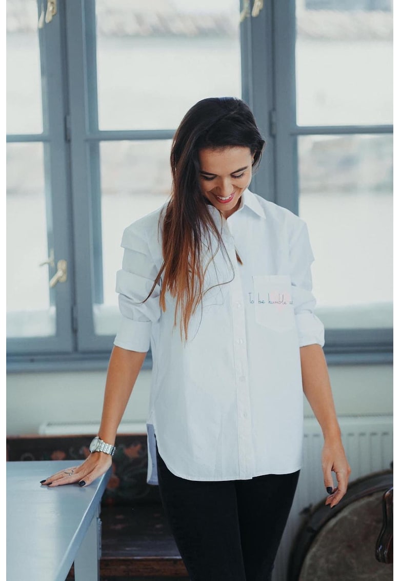 Памучна риза със сърцевиден принт и надпис - Бял/Зелен/Син Madlen