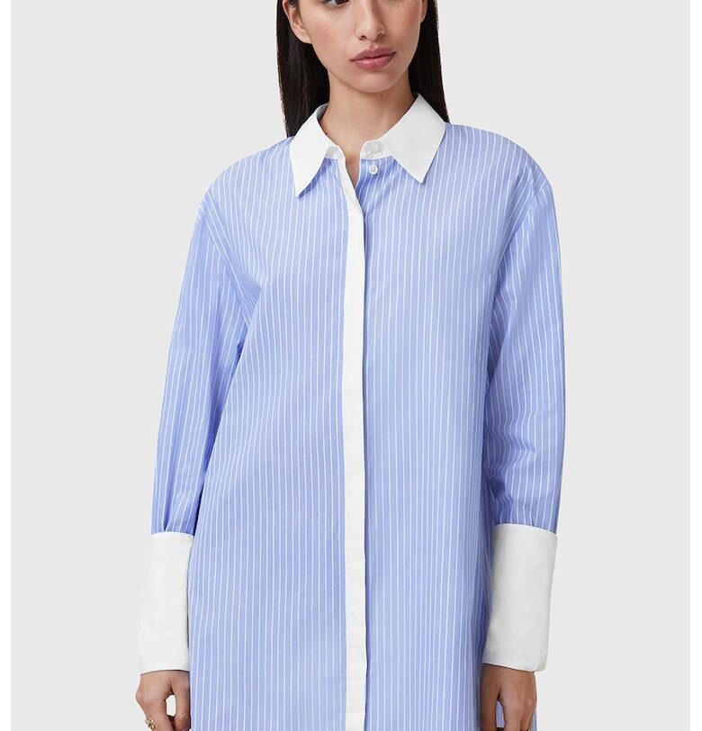 Памучна рокля-риза Alber с дълги ръкави - Бял/Светлосин AllSaints