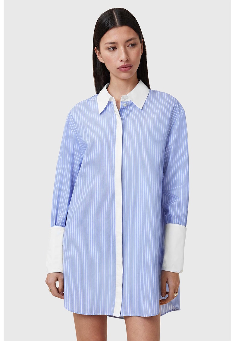Памучна рокля-риза Alber с дълги ръкави - Бял/Светлосин AllSaints