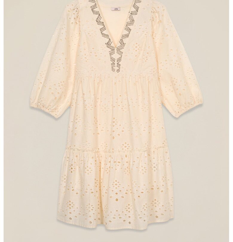 Памучна рокля с бродерии - Светло бежово Oltre