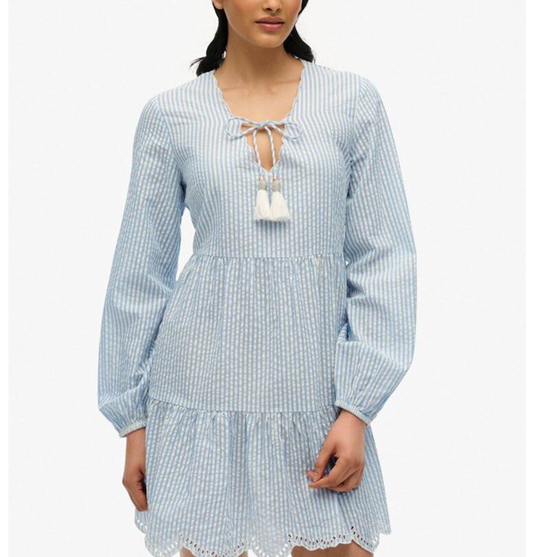 Памучна рокля с еластични маншети - Бял/Светлосин Superdry  Co