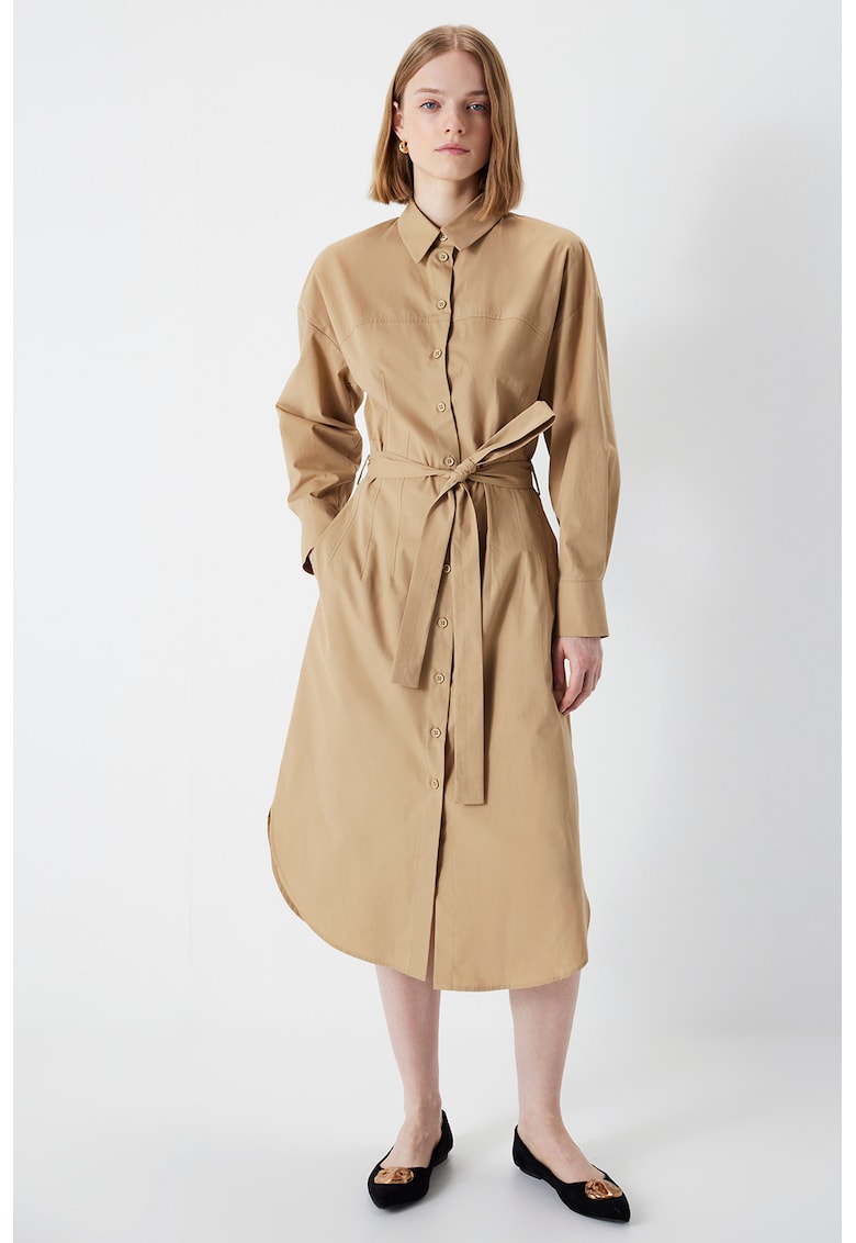 Памучна рокля с колан - Светлокафяв Ipekyol