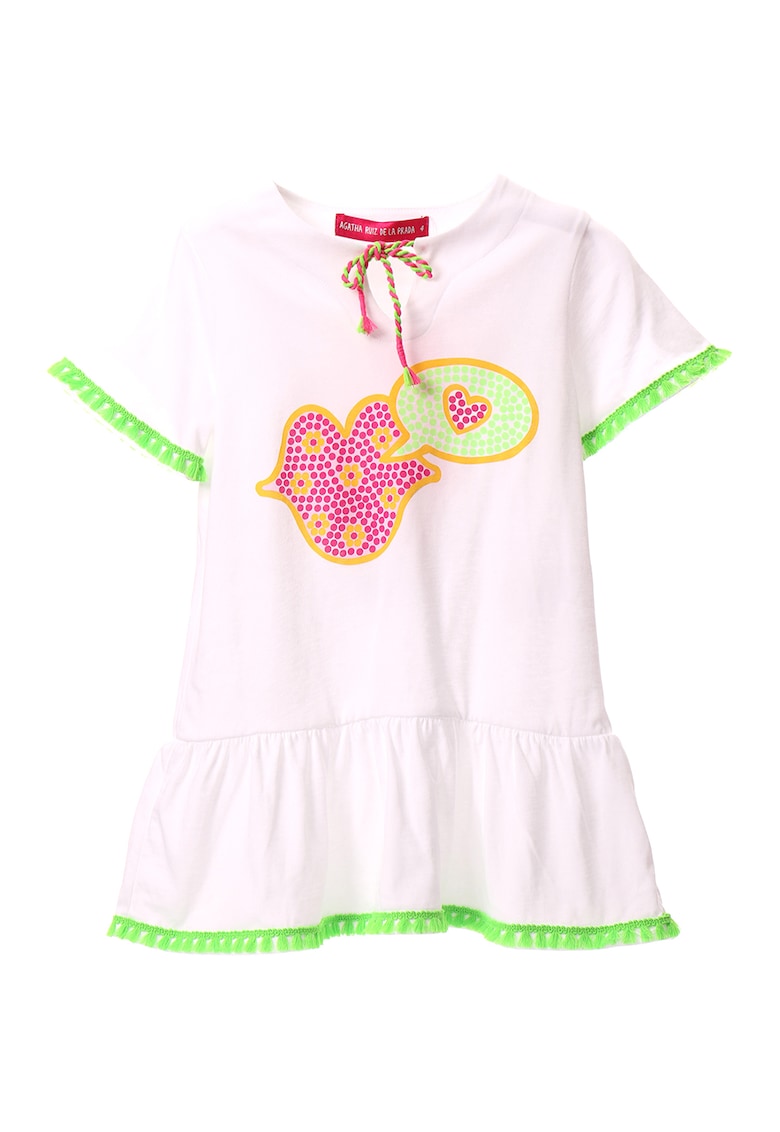 Памучна рокля с набран подгъв - Бял/Електриково Зелено Agatha Ruiz de la Prada
