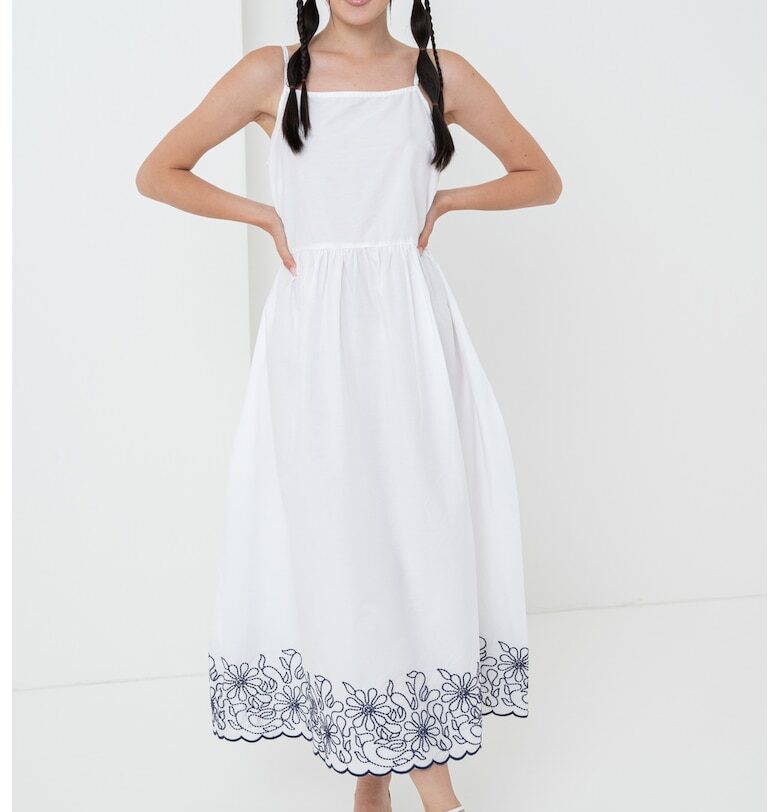 Памучна рокля с флорална бродерия - Бял/Тъмносин United Colors of Benetton