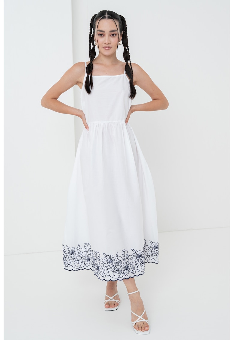 Памучна рокля с флорална бродерия - Бял/Тъмносин United Colors of Benetton