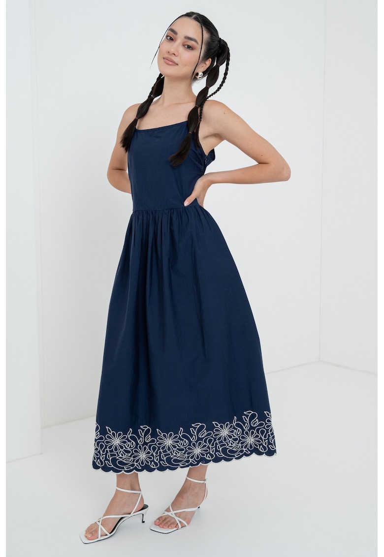 Памучна рокля с флорална бродерия - Бял/Тъмносин United Colors of Benetton