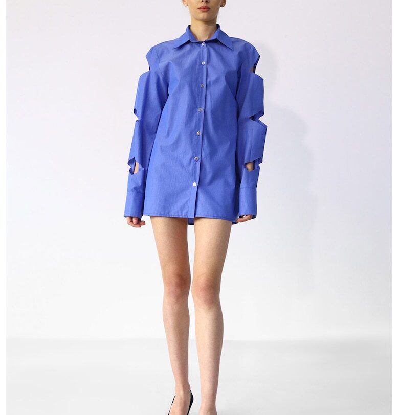 Памучна рокля тип риза с отвори - Син UVIA