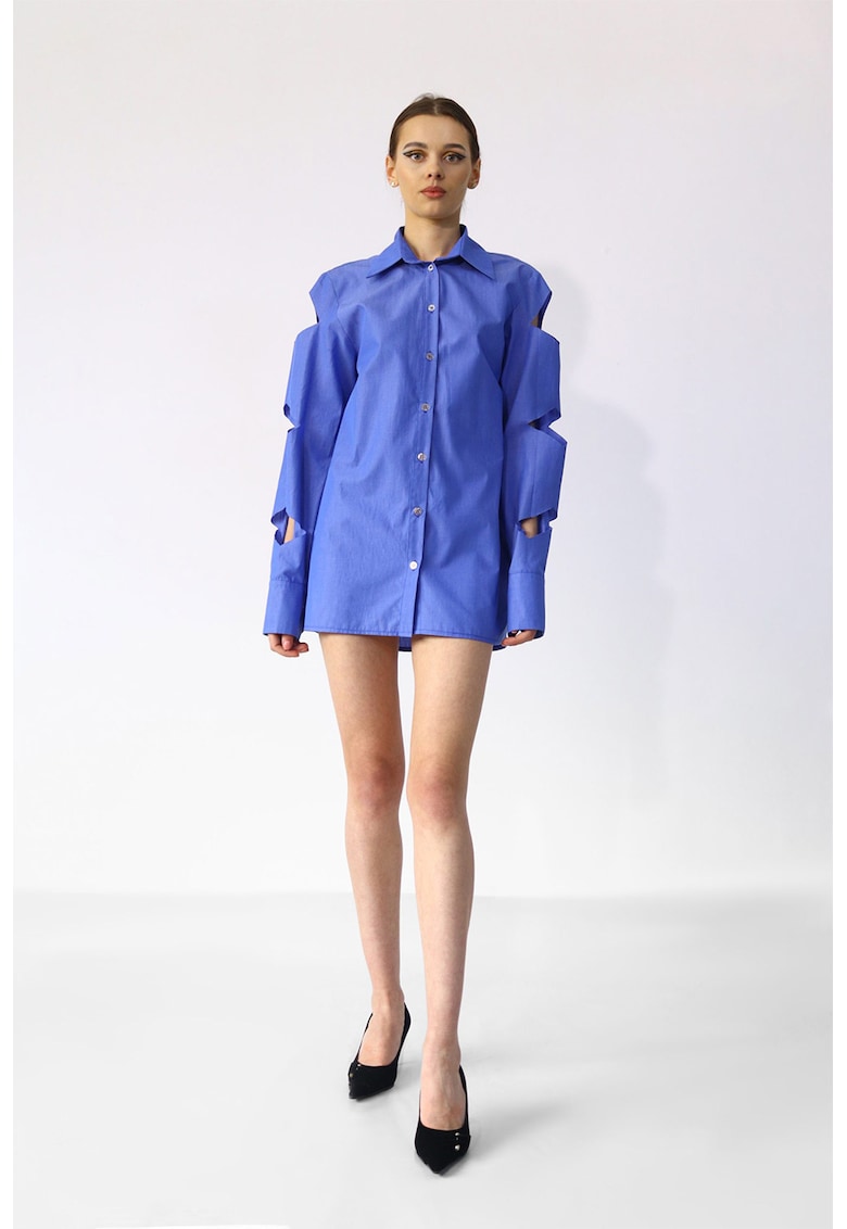 Памучна рокля тип риза с отвори - Син UVIA