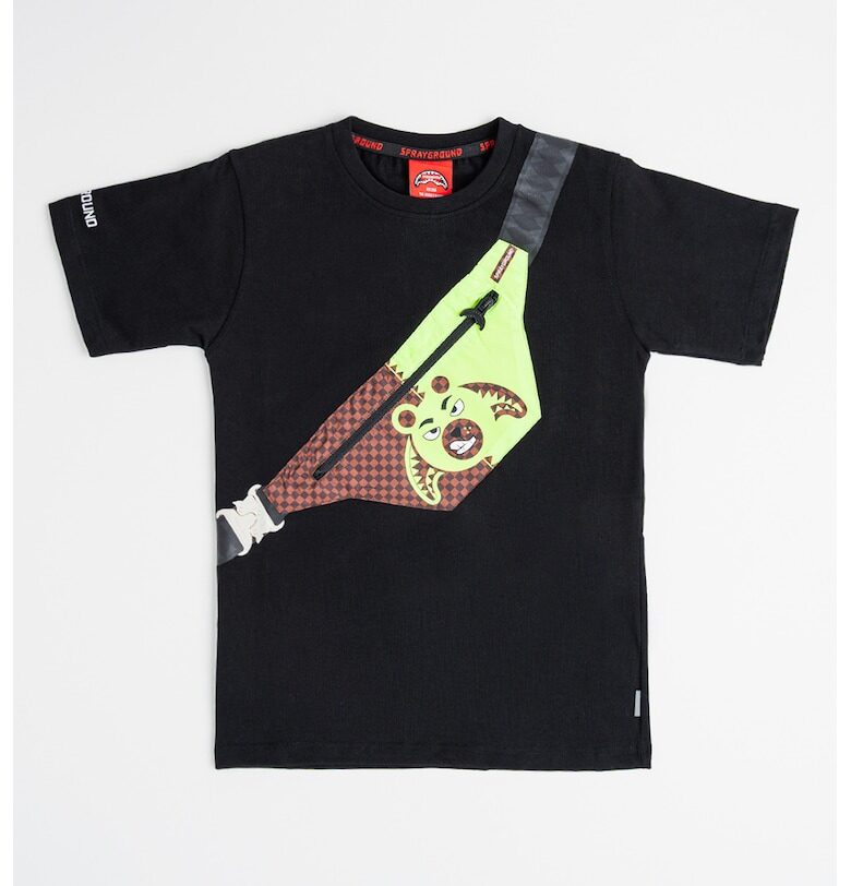 Памучна тениска Crossbody Money Bear - Черен/Електриково Зелено Sprayground