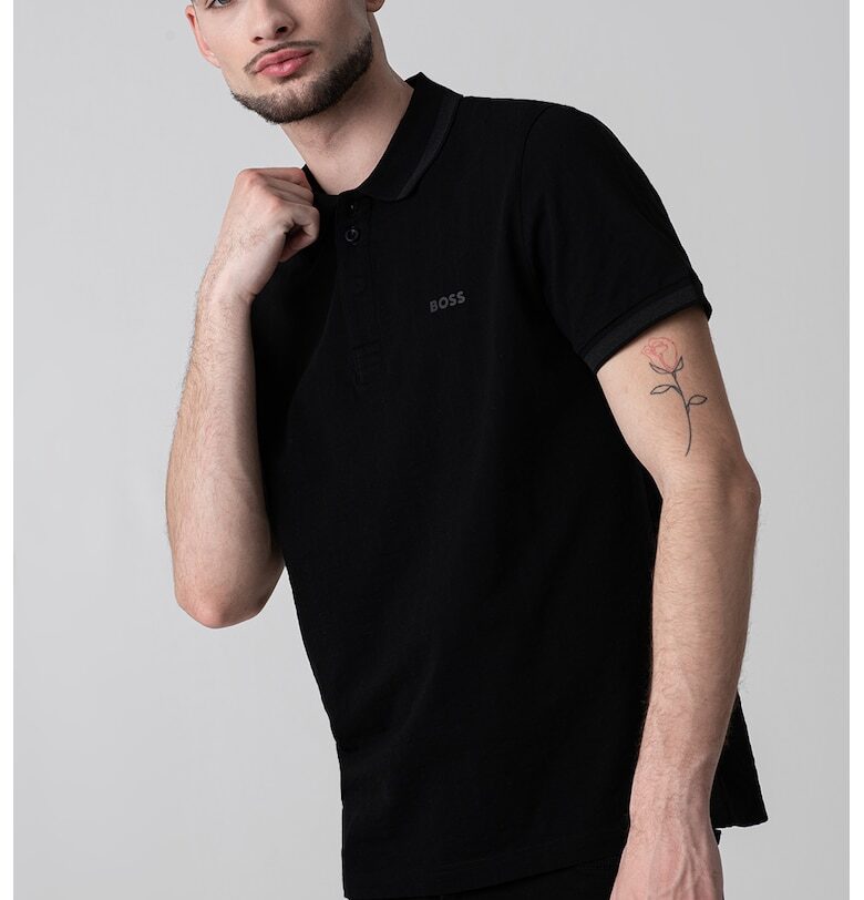 Памучна тениска Paddy с яка - Черен BOSS