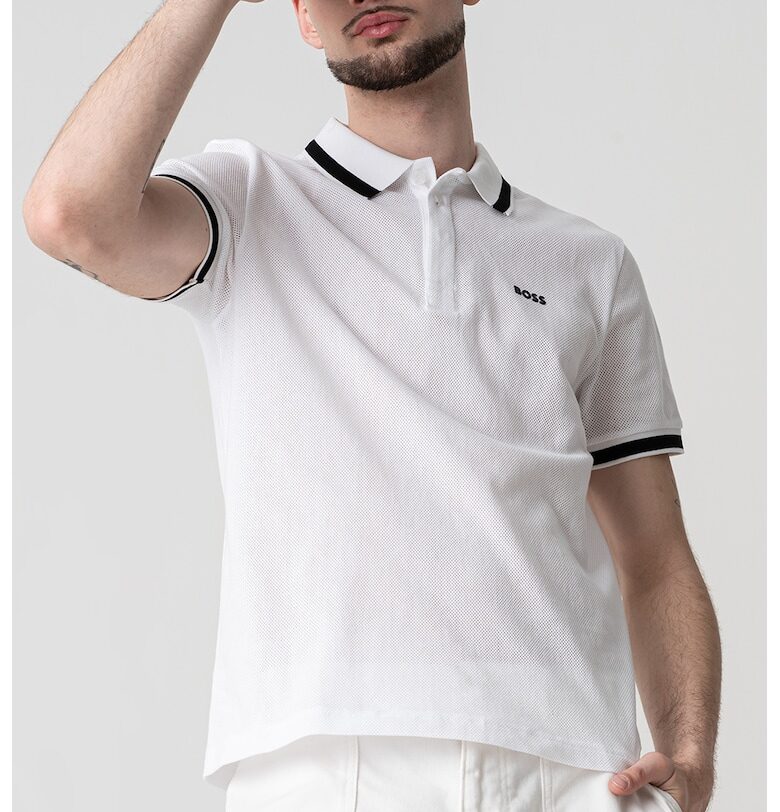 Памучна тениска Paddy с яка - Черен/Бял BOSS