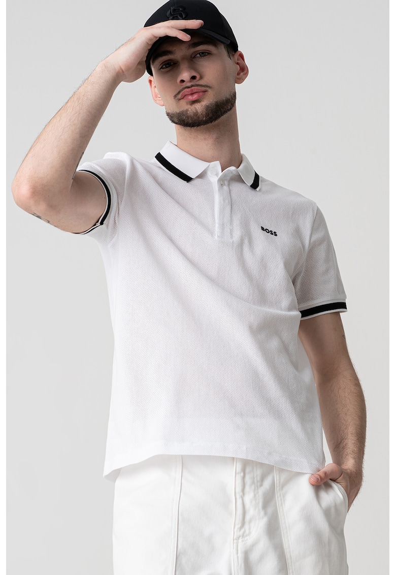 Памучна тениска Paddy с яка - Черен/Бял BOSS