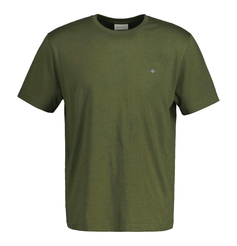 Памучна тениска Shield с овално деколте - Бледо каки Gant