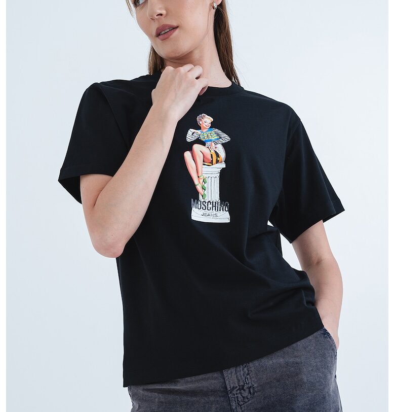 Памучна тениска с графика - Бял/Черен/Син Moschino Jeans