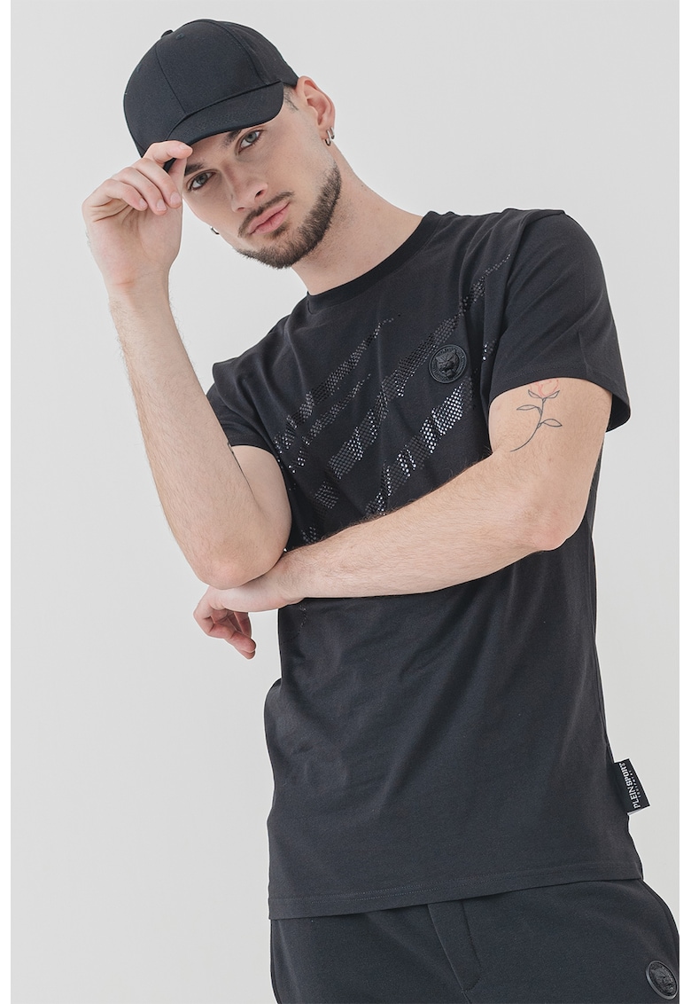 Памучна тениска с декоративни камъни - Черен Plein Sport