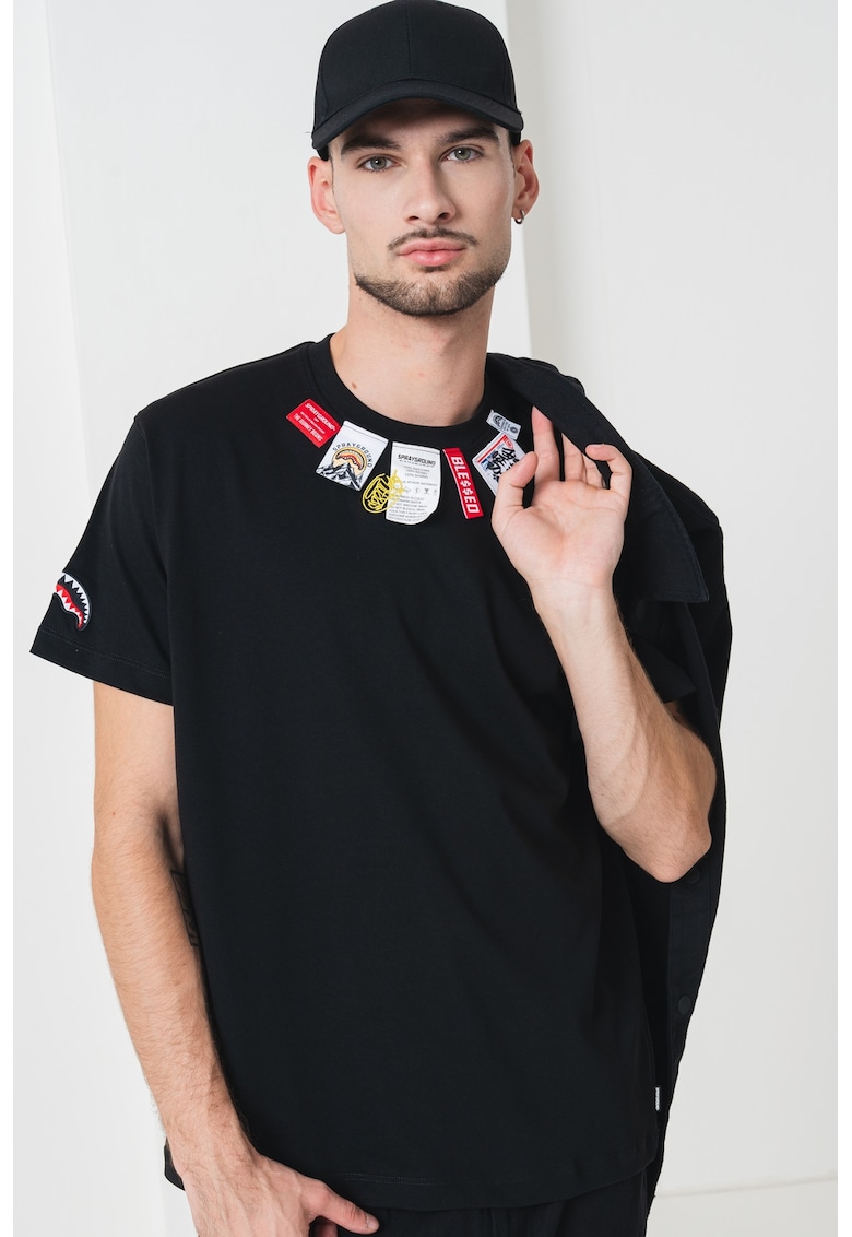 Памучна тениска с декорация от етикети - Черен Sprayground