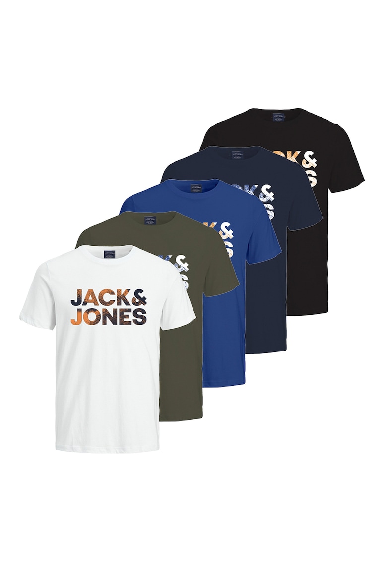 Памучна тениска с лого - 5 броя - Бял/Черен/Син Jack Jones