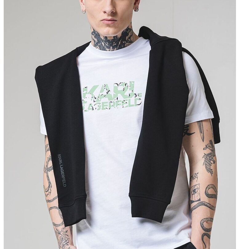 Памучна тениска с лого - Бял/Светлозелен Karl Lagerfeld