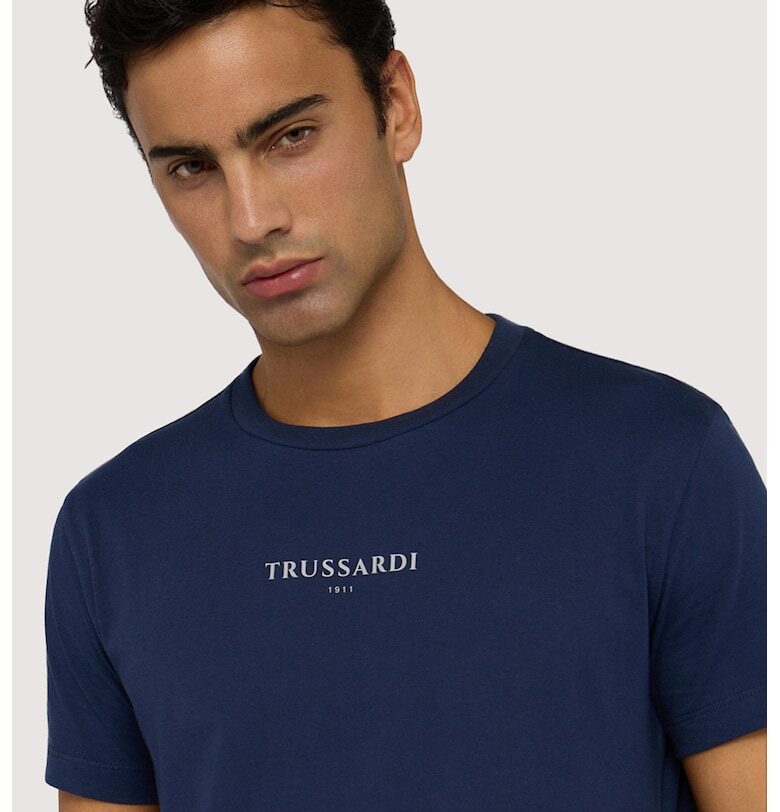 Памучна тениска с лого - Бял/Тъмносин Trussardi