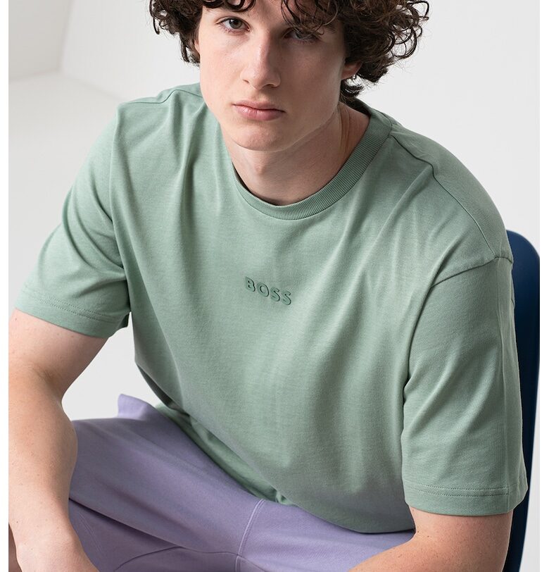 Памучна тениска с лого - Зелен BOSS