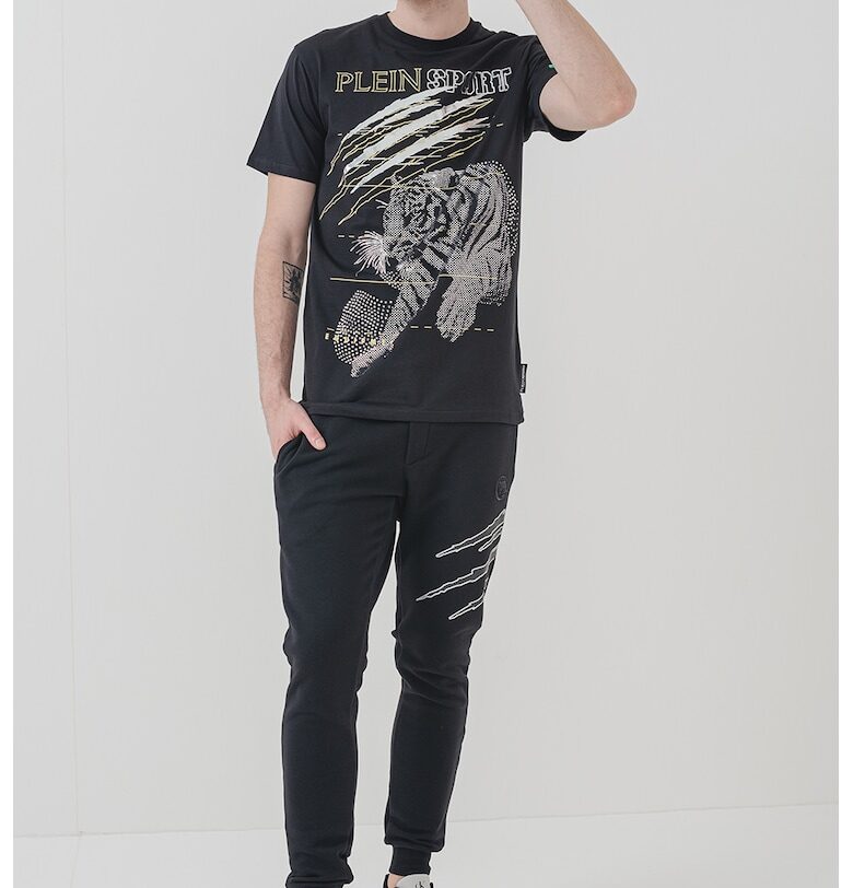 Памучна тениска с лого - Черен/Сребрист Plein Sport